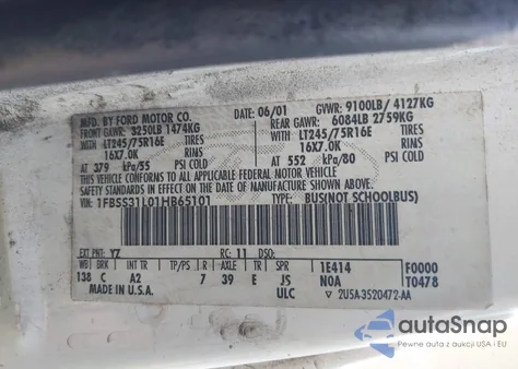 2001 Ford E-350 Super Duty Xl/Xlt z USA, uszkodzony, nr VIN 1FBSS31L01HB65101